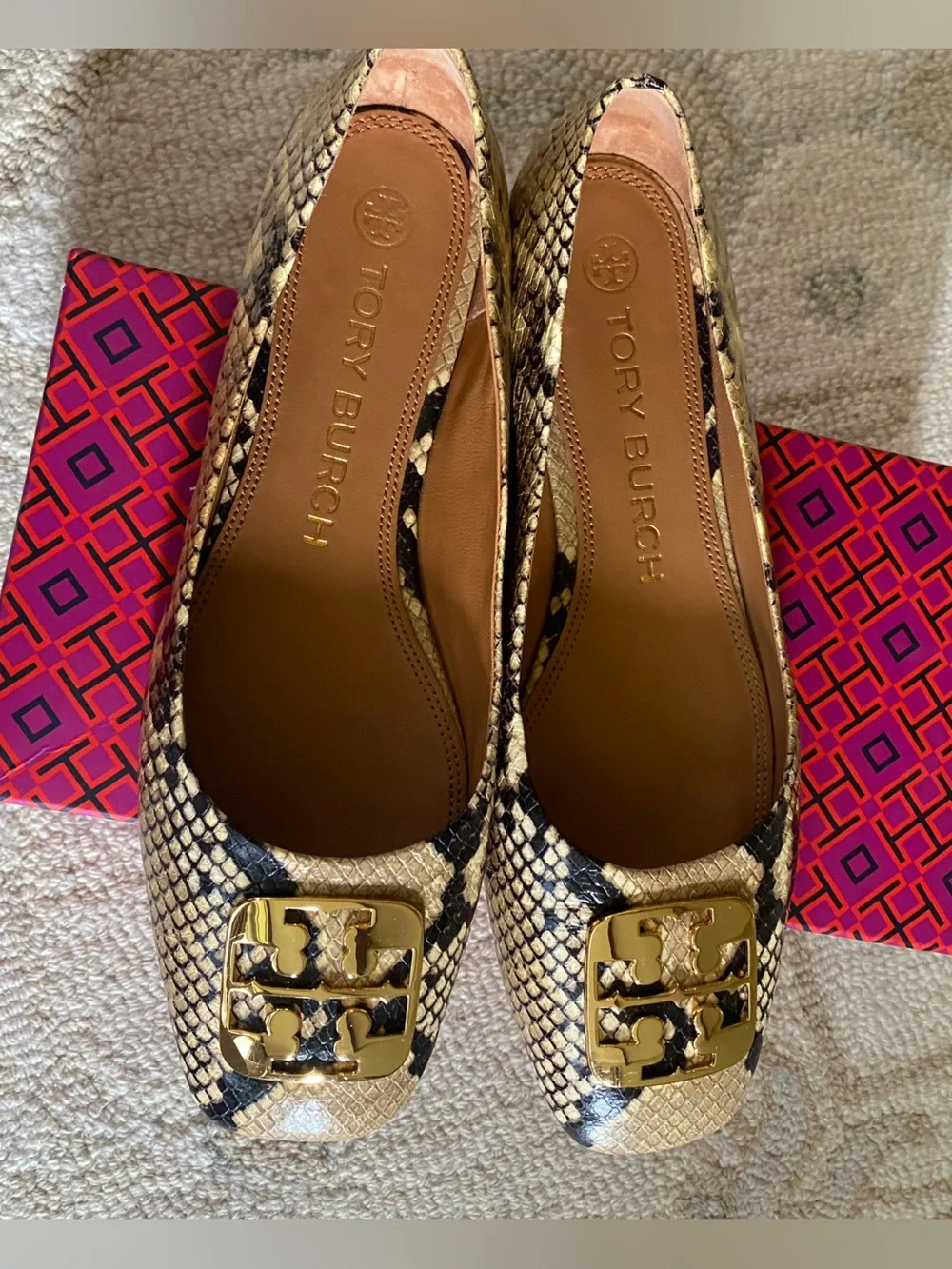 TORY BURCH Georgia Logo Snake Printed Leather Ballet Flats Women’s Size 9